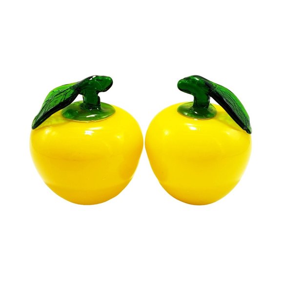 Art Glass VTG Murano Style Hand Blown Lot/2 Yellow Apples Fruit Paperweight - Picture 1 of 8